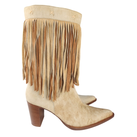 Carlos Falchi Shoes - Carlos Falchi Fiorina Suede Leather Fringe Cowgirl Boots 3" Heel Mid-Cal…